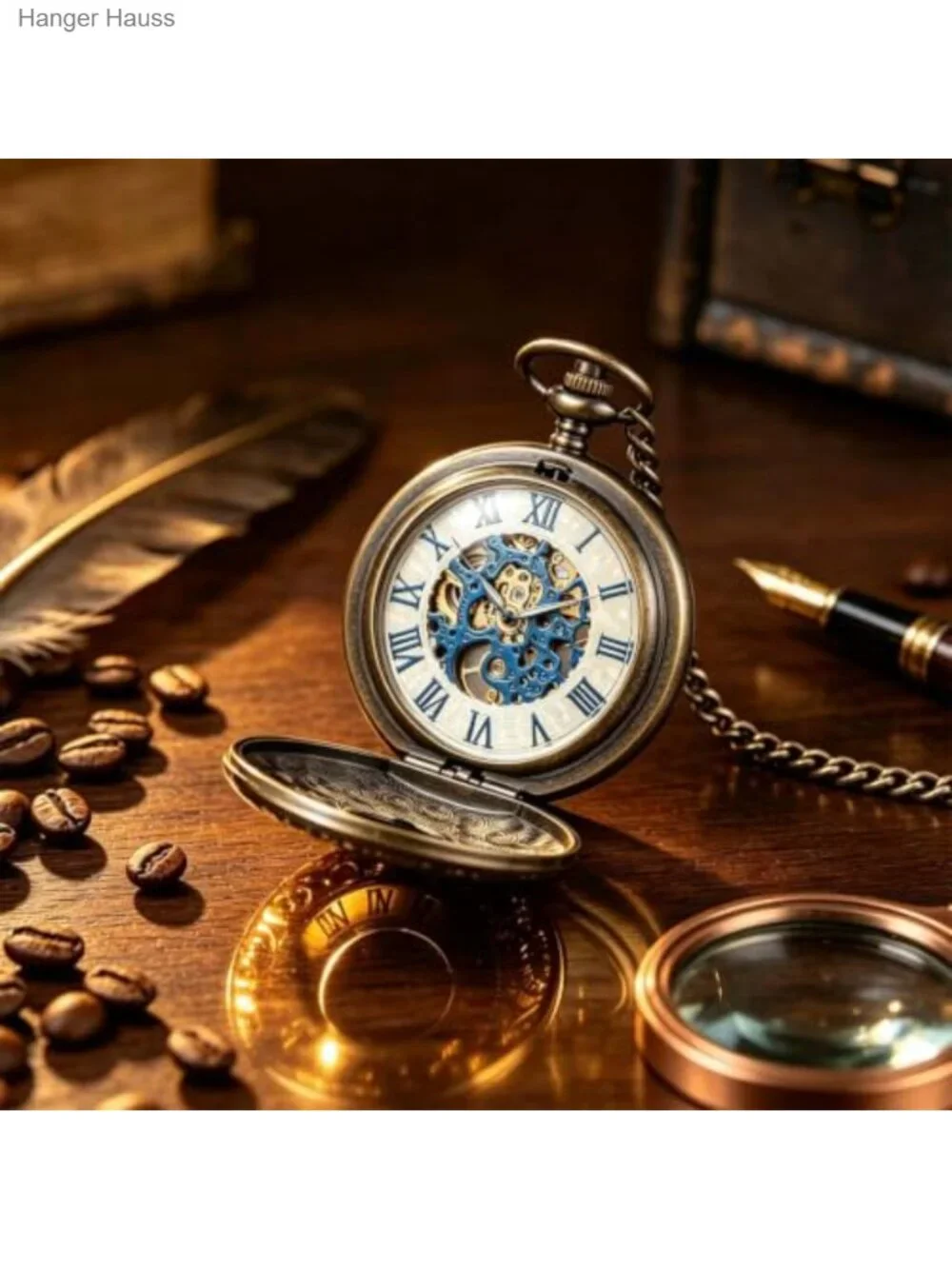 Vintage Mechanical Skeleton Pocket Watch with Box and Chain